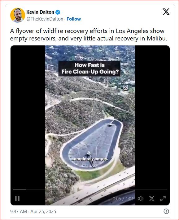 Drone footage shows Pacific Palisades reservoir still empty