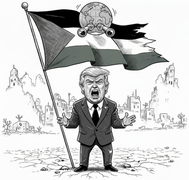 Donald Trump yelling in front of a Palestinian flag and war torn Gaza